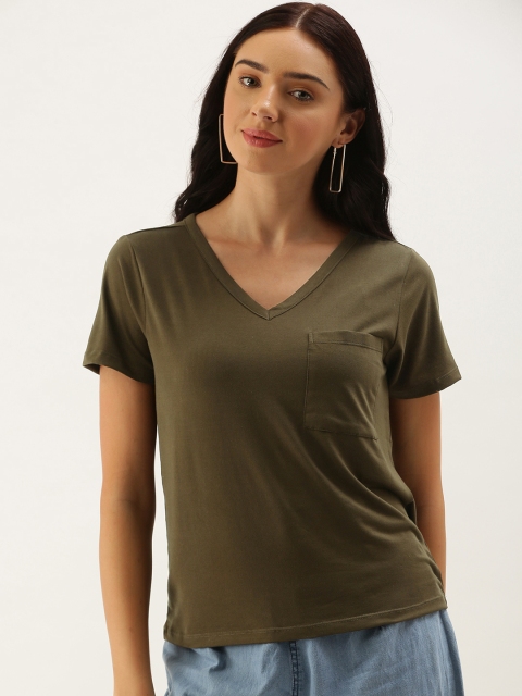 

DressBerry Women Olive Green Solid V-Neck T-shirt