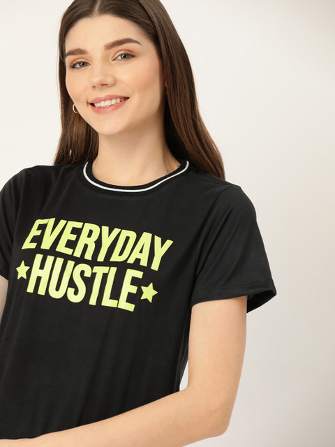 

DressBerry Women Black & Fluorescent Green Printed Round Neck T-shirt