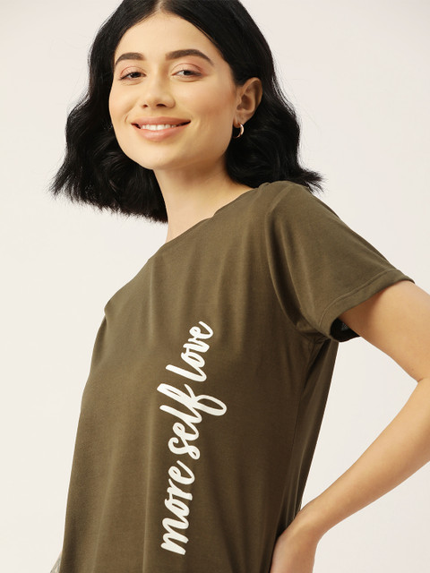 

DressBerry Women Olive Green & White Typographic Round Neck T-shirt