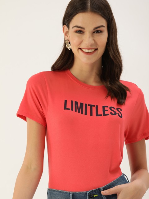 

DressBerry Women Coral Red Printed Round Neck T-shirt