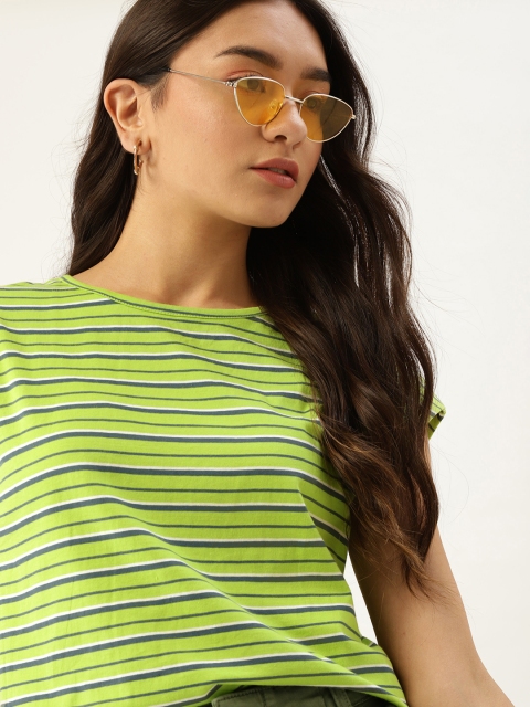 

DressBerry Women Green Striped Pure Cotton Extended Sleeves Pure Cotton T-shirt