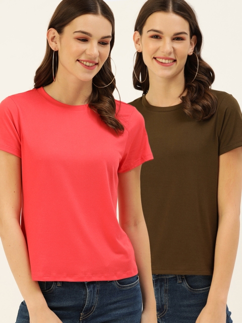 

DressBerry Women Pack Of 2 Solid Round Neck T-shirts, Peach