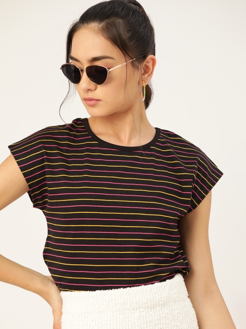 

DressBerry Women Black & Pink Striped Extended Sleeves T-shirt