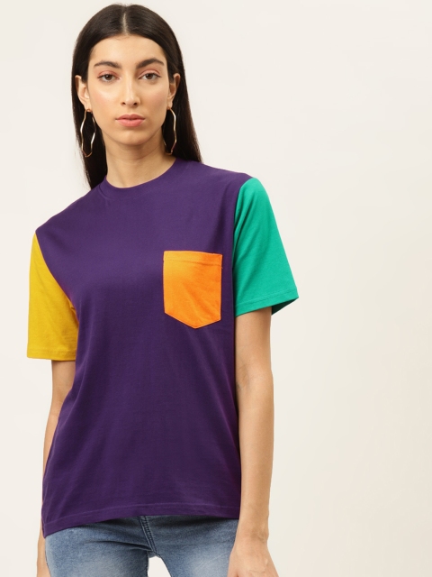 

The Dry State Women Purple Solid Pocket Detail Round Neck T-shirt