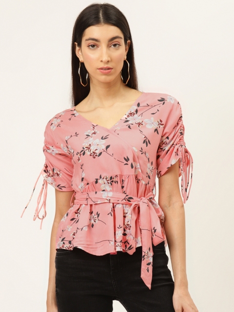 

The Dry State Women Pink & White Floral Printed Wrap Top