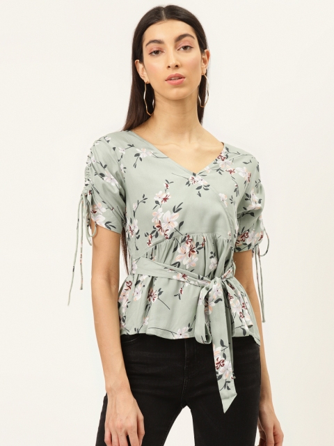 

The Dry State Women Sea Green & White Floral Printed Wrap Top