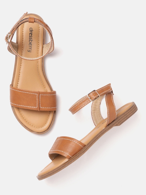

DressBerry Women Brown Solid Open Toe Flats with Thread Work Detail