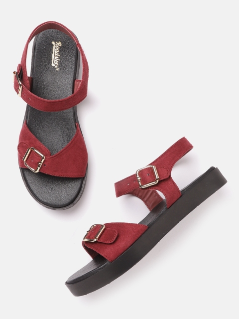 

The Roadster Lifestyle Co Women Maroon Solid Open Toe Flats with Buckle Detail