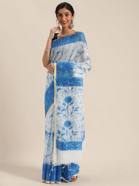 

KALINI White & Blue Batik Printed Mangalagiri Saree
