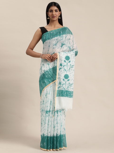 

KALINI White & Teal Blue Polycotton Batik Printed Mangalagiri Saree