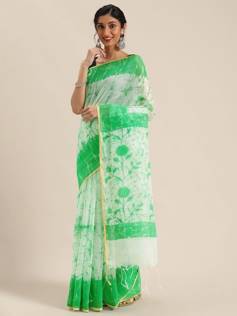 

KALINI White & Green Batik Printed Mangalagiri Saree