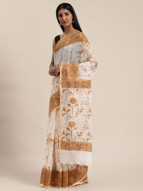

KALINI White & Brown Polycotton Batik Printed Mangalagiri Saree