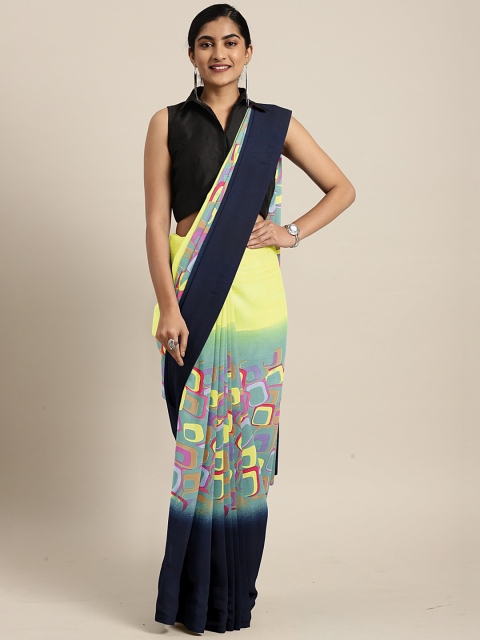 

KALINI Yellow & Navy Blue Poly Georgette Printed Saree