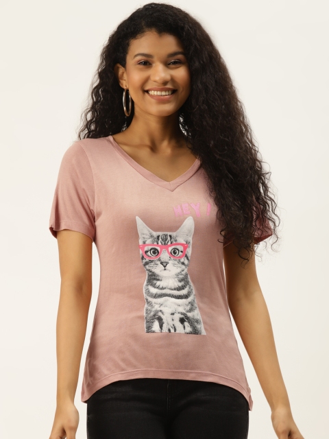 

DIVA WALK EXCLUSIVE Women Peach-Coloured & Grey Cat Print V-Neck T-shirt