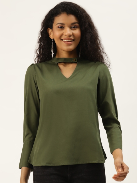 

DIVA WALK EXCLUSIVE Women Olive Green Solid Choker Neck Top