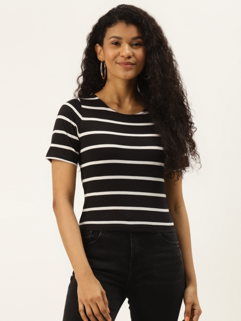 

DIVA WALK EXCLUSIVE Women Black & White Striped Pure Cotton Round Neck Cropped T-shirt