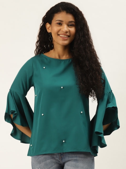 

DIVA WALK EXCLUSIVE Women Teal Green Embellished Bell Sleeves Top