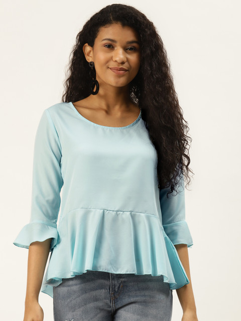 

DIVA WALK EXCLUSIVE Blue Solid Bell Sleeves Peplum Top