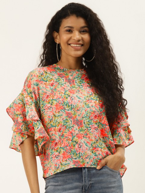 

DIVA WALK EXCLUSIVE Neon Orange & Green Floral Print Flared Sleeves Top