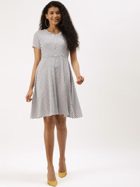 

DIVA WALK EXCLUSIVE Women White & Black Striped Cotton Fit and Flare Dress