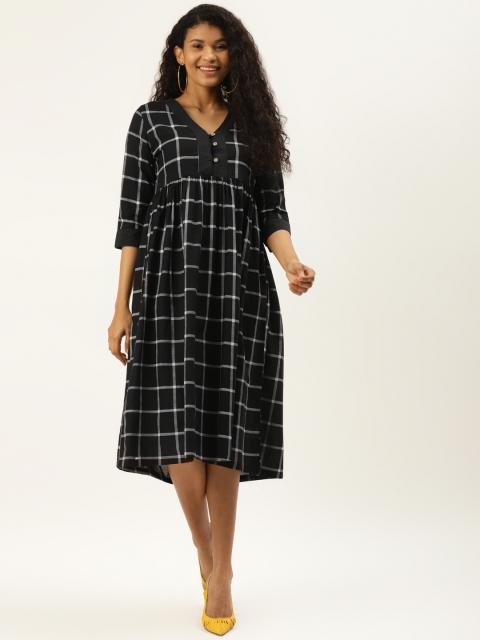 

DIVA WALK EXCLUSIVE Women Black & White Checked Cotton Empire Dress