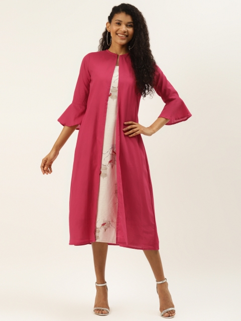 

DIVA WALK EXCLUSIVE Women Pink & Off-White Floral Print Cotton Layered A-Line Dress