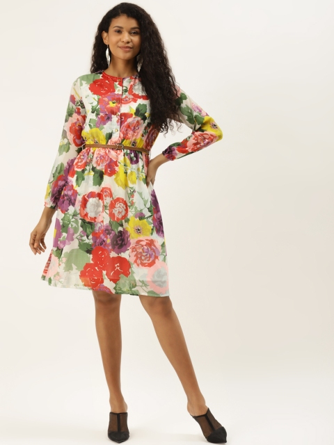 

DIVA WALK EXCLUSIVE Women White & Red Floral Print A-Line Dress with Belt