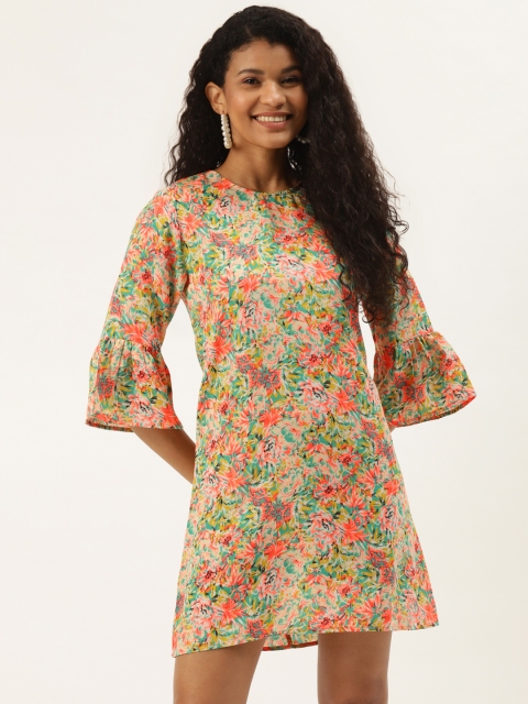 

DIVA WALK EXCLUSIVE Women Neon Orange & Green Floral Print A-Line Dress