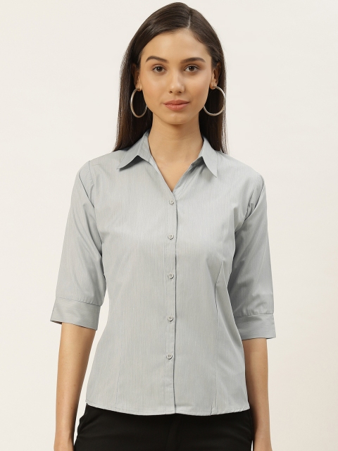 

RIVI Women Grey & White Pure Cotton Slim Fit Solid Formal Shirt