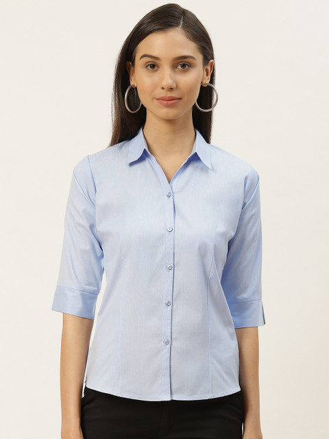 

RIVI Women Blue Pure Cotton Slim Fit Solid Formal Shirt