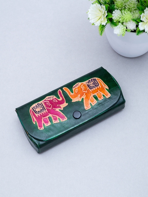 

Golden Peacock Green & Orange Hand-Painted Leather Sunglasses Case