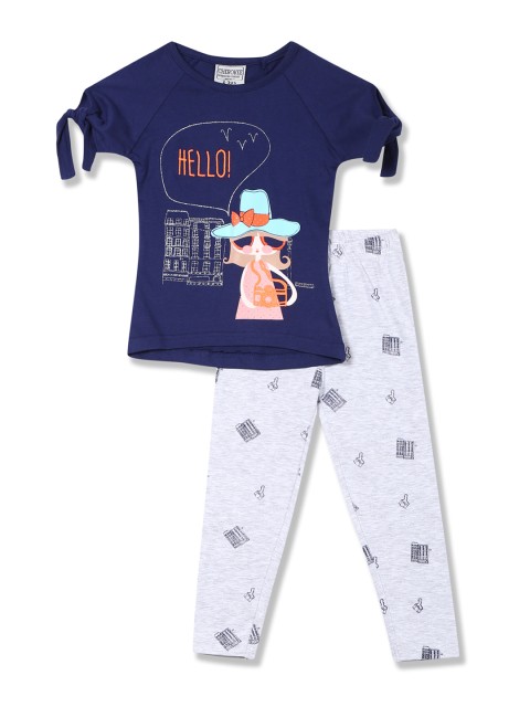 

Cherokee Girls Navy Blue & Grey Printed T-shirt with Leggings