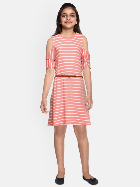 

Cherokee Girls Peach-Coloured & White Striped A-Line Pure Cotton Dress