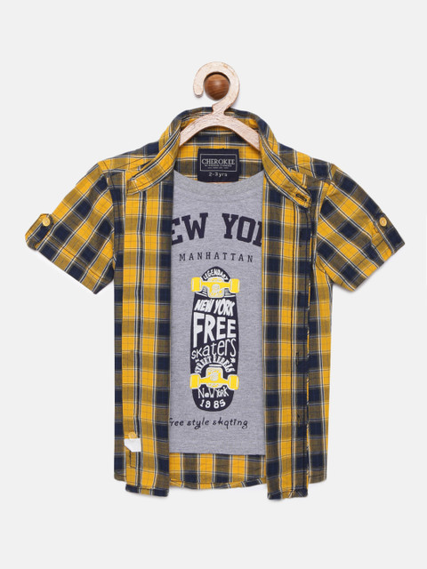 

Cherokee Boys Navy Blue & Yellow Regular Fit Checked Casual Shirt