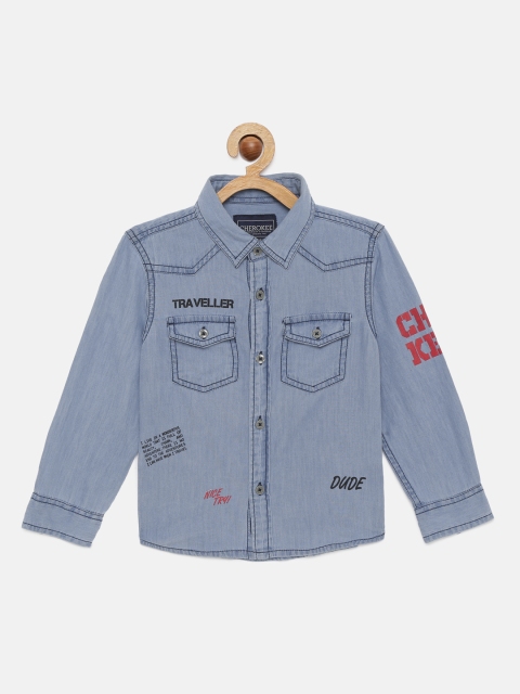 

Cherokee Boys Blue Printed Pure Cotton Regular Fit Casual Denim Shirt