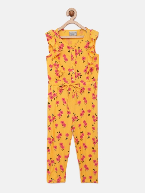 

Cherokee Girls Mustard Yellow & Pink Printed Basic Jumpsuit