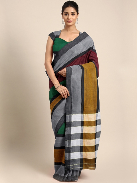 

Pavechas Grey & Mustard Yellow Pure Cotton Striped Venkatgiri Saree