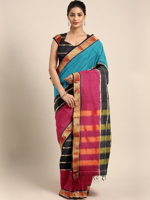 

Pavechas Teal Blue & Pink Pure Cotton Striped Venkatgiri Saree