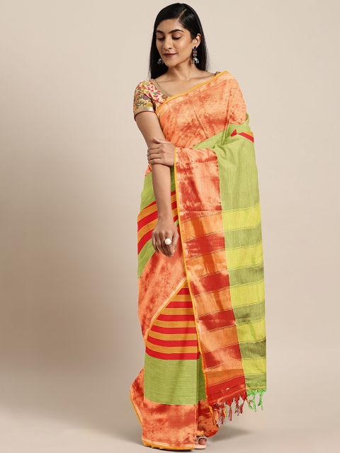 

Pavechas Lime Green & Red Pure Cotton Striped Venkatgiri Saree