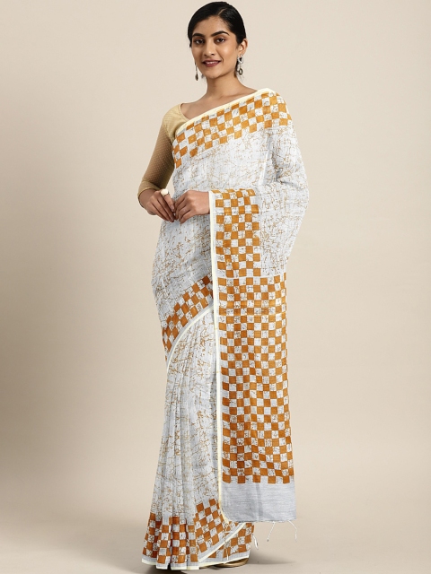 

Pavechas White & Mustard Yellow Printed Mangalagiri Saree