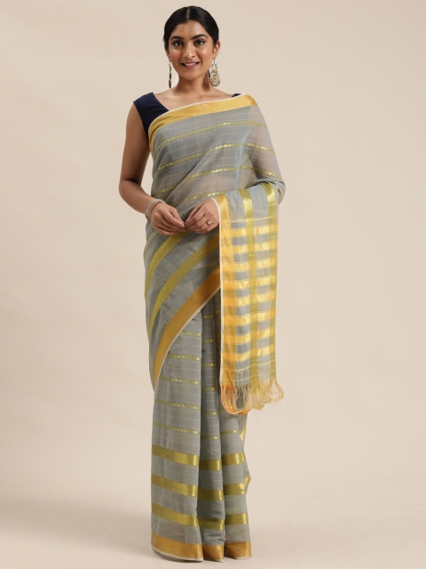 

Pavechas Grey Pure Cotton Striped Venkatgiri Saree