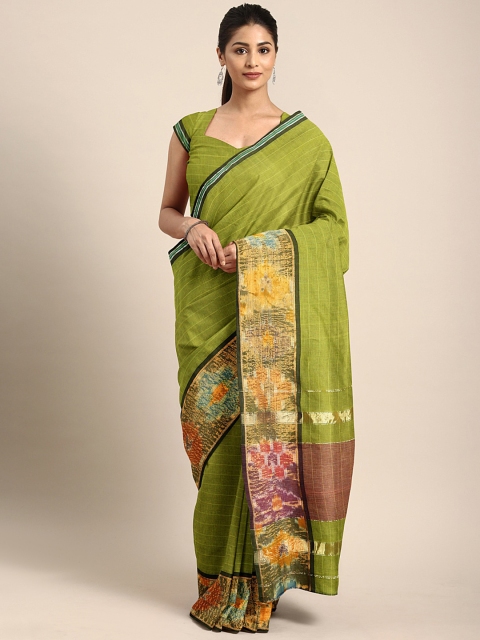 

Pavechas Olive Green Pure Cotton Solid Pochampally Saree