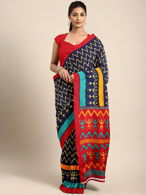 

Pavechas Navy Blue & Red Printed Mangalagiri Saree