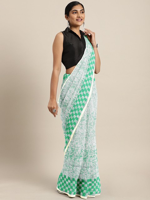

Pavechas White & Green Printed Mangalagiri Saree