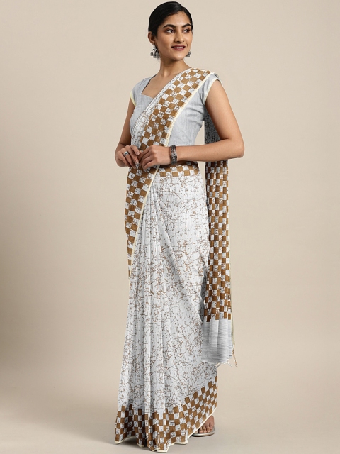 

Pavechas White & Brown Printed Mangalagiri Saree