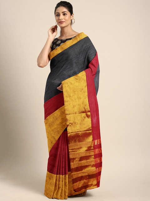 

Pavechas Black & Maroon Pure Cotton Colourblocked Venkatgiri Saree