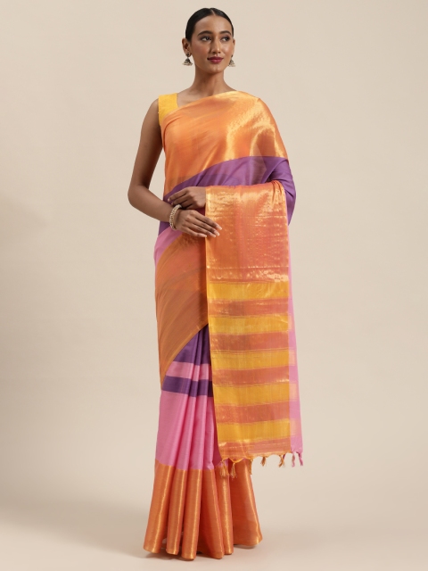 

Pavechas Orange & Pink Pure Cotton Colourblocked Venkatgiri Saree