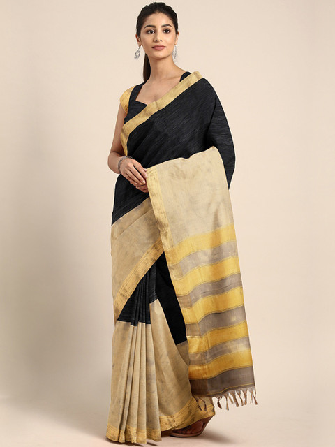 

Pavechas Black & Golden Pure Cotton Colourblocked Venkatgiri Saree