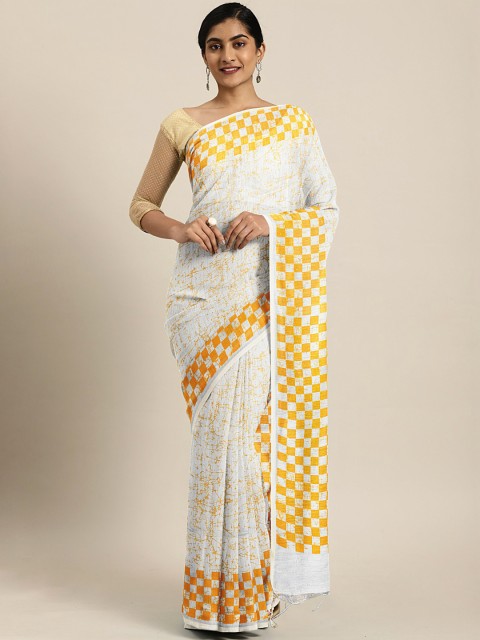 

Pavechas White & Mustard Yellow Printed Mangalagiri Saree