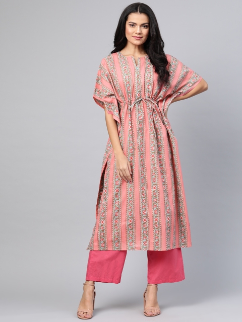 

maaisarah Women Pink & Green Striped Flared Sleeves Handloom Kaftan Kurta